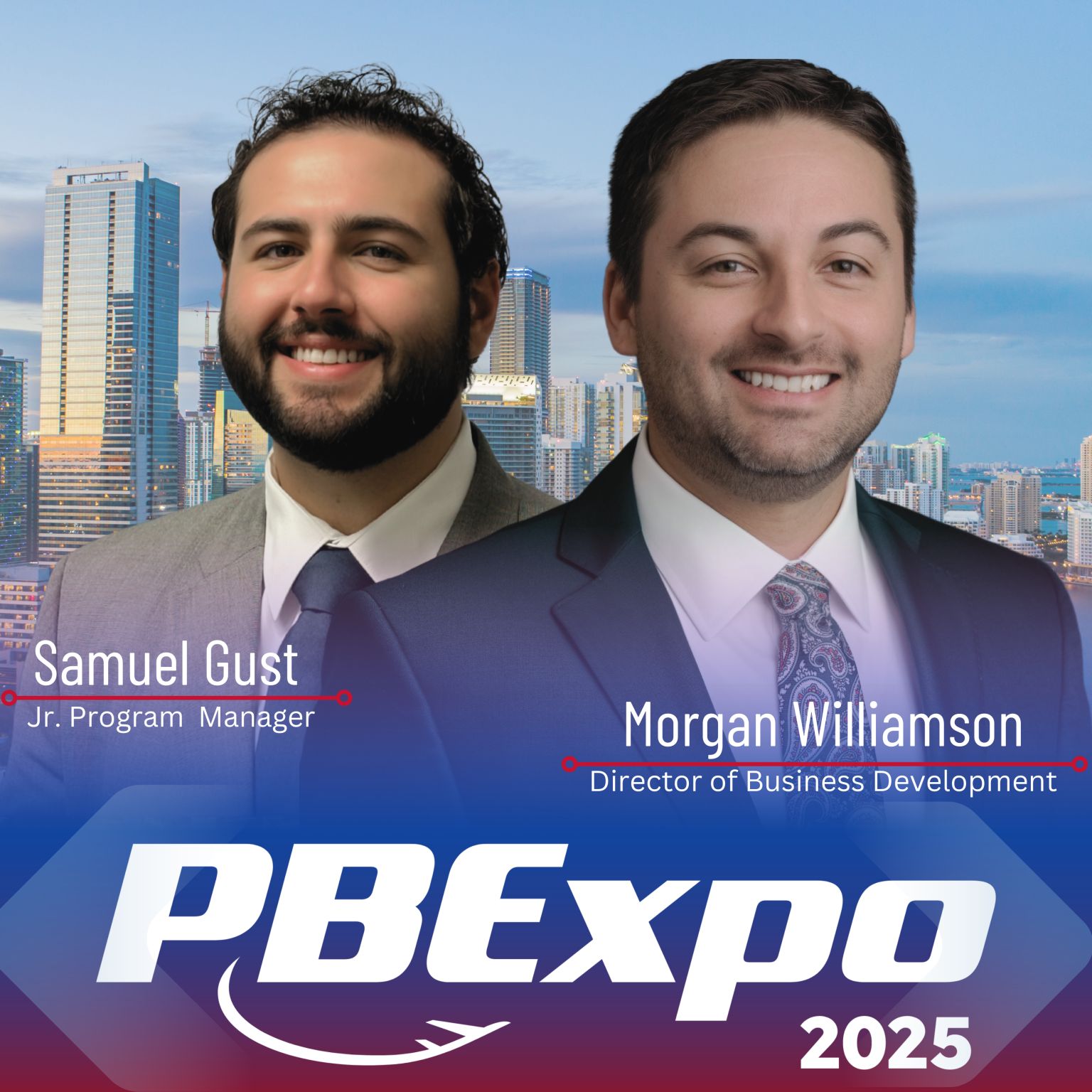 Two men in suits labeled as Samuel Gust and Morgan Williamson in front of a cityscape background. Text reads “PBExpo 2025.”.