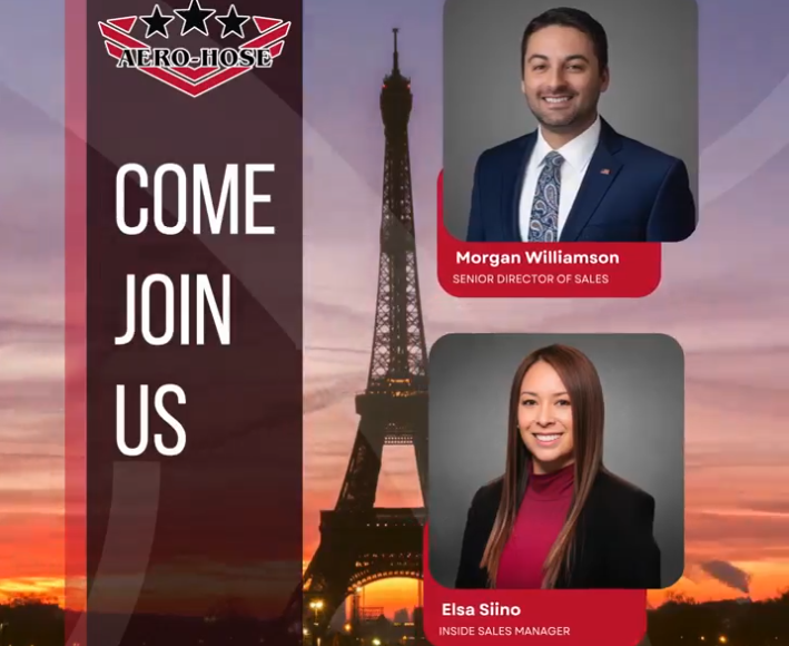 Aero-Hose, Corp. Meet Aero-Hose at Paris Airshow 2025 1 A promotional image for Aero-Hose featuring portraits of two employees and the text "Come Join Us" with the Eiffel Tower at sunset in the background.