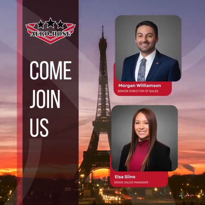 A promotional image for Aero-Hose featuring portraits of two employees and the text "Come Join Us" with the Eiffel Tower at sunset in the background.