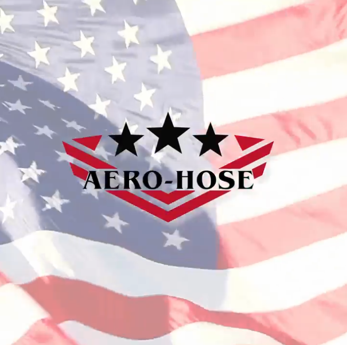 The Aero-Hose logo with three stars appears centered over a waving American flag in the background.