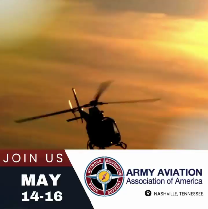 A silhouette of a helicopter flying at sunset with text promoting the Army Aviation Association of America event, May 14-16, in Nashville, Tennessee.