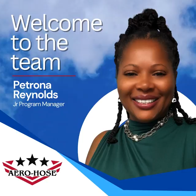 A smiling woman with braided hair is introduced as Petrona Reynolds, Jr Program Manager, with the text "Welcome to the team" and the Aero-Hose logo in the image.