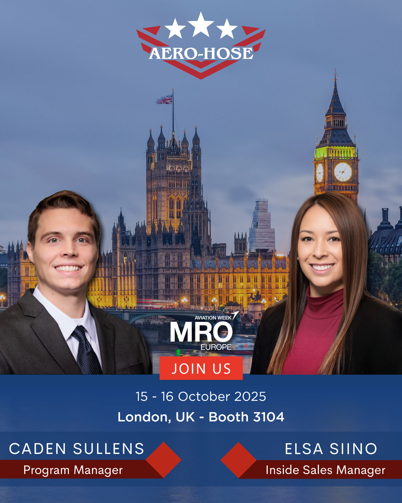 Two business professionals, a man and a woman, stand in front of an image of London's Big Ben and Parliament, promoting Aero-Hose at MRO Europe 2025, Booth 3104.